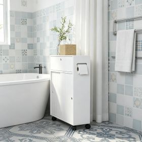 Slim Bathroom Cabinet with 4 Rolling Wheels White Toilet Paper Holder Storage with Paper Holes Sliding Doors Adjustable Shelf for Small Space