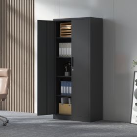 71"H Metal Garage Storage Cabinet, Black Tool Steel Locking Cabinet with Doors and 4 Shelves
