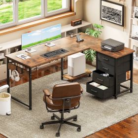 L Shaped Computer Desk with Charging Station, 53 inch PC Table Study Desk 4 Tier Drawers, Modern Simple Style Laptop Desk for Bedroom, Vintage