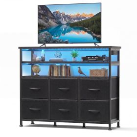 6-Drawer Fabric Dresser with Power Outlets and LED Light, TV stand for Bedroom, Living Room, Hallway, Black