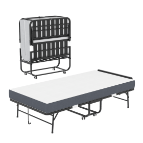 75" * 38" Folding Bed with Adjustable Headboard, 5" Memory Foam Rollaway Bed for Tall People, Heavy-Duty Portable Guest Bed on Wheels