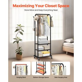 Clothes Rack, Rolling Clothing Garment Rack with Hanging Rod and Side Hooks, 3 Storage Shelves, 99 lbs Load Capacity