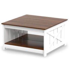 Farmhouse Coffee Table 31 Inch Square Coffee Table with Storage Shelf