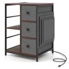 Side Table with Charging Station Industrial Nightstand with Open Shelves