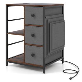 Side Table with Charging Station Industrial Nightstand with Open Shelves