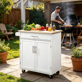 White Kitchen Island Cart Rolling Island Table with Wood Top Trolley Cart with Drawer Storage Cabinet And Towel Rack
