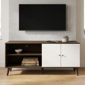 Amidon TV Stand for TVs up to 63", with 2 Storage Shelves& 1 Cabinet, Modern Entertainment Centre for TV in Living Room in Walnut +White