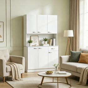 White 71 Inch Kitchen Pantry Cabinet Tall Storage with Microwave Stand Modern Kitchen Countertop 6 Doors Drawer 3 Adjustable Shelves for Living Dinin