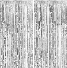 2 Pack Foil Curtain Backdrop Silver Metallic Tinsel Foil Fringe Curtains Photo Booth Props for Birthday Wedding Engagement Baby Shower Bachelorette Ch