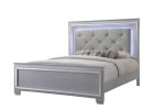 1pc Modern King LED Faux Leather Upholstery Panel Bed Beveled Mirror Accents Textured Footboard Silver Beige Finish