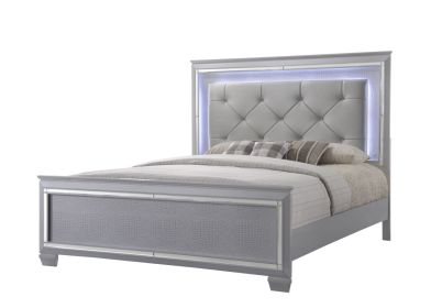 1pc Modern King LED Faux Leather Upholstery Panel Bed Beveled Mirror Accents Textured Footboard Silver Beige Finish
