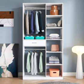 Freestanding Closet System, Stand-Alone Wardrobe with 6 open Shelves,74.8'' Heigh Closetwith 1 Wood Drawers, Wood Walk-in Closet with 2 Hanging Rod