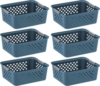 Plastic Storage Basket, 6-Pack, Medium, Shelf Basket Storage Organizer for Pantry, Cabinet, Bedroom, Closet, Laundry Room, Eco-Friendly, Navy