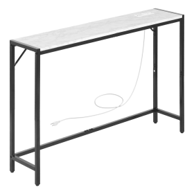 Modern Marble ConsoleTablewith Power Outlet, Slim Sofa SideTableFeaturing Iron Tubes, Anti-TipDesign, and Triangular Support for Living Room, Hallway