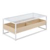 Contemporary Coffee Table in White Metal, Natural Wood, and Clear Glass