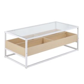Contemporary Coffee Table in White Metal, Natural Wood, and Clear Glass