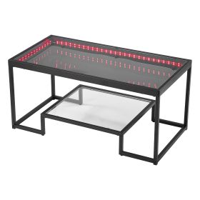 Coffee Table, Modern Tempered Glass Coffee Table with Lighting, 2 Tiers Rectangle Glass Center Desk with Open Storage