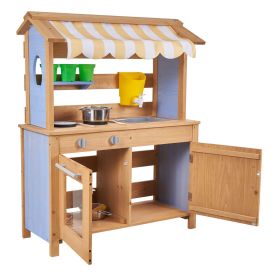 Mud Kitchen, Outdoor Mud Kitchen for Kids, Wood Outdoor Play Kitchens with Spoons, Sink, Tank, Sunshade Canopy, Shovels, Cookware Pots and Accessories