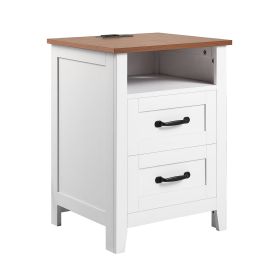 Farmhouse Nightstand, with Charging Station, End Table with 2 Drawers and Open Shelf, Bedside Storage Cabinet