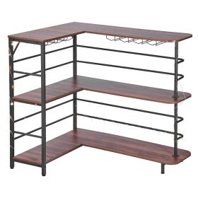 Home Bar Unit, L-Shaped Wine Bar Cabinet Table 3-Tier with Storage Shelves, Adjustable Foot Pads, LED Light