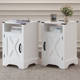 Farmhouse End Table with Charging Station Set of 2, Rustic Night Stand with Storage Cabinet and Shelf, Tall Wooden Bedside Table for Bedroom