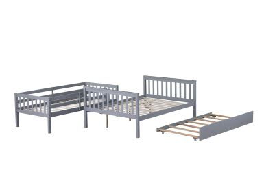 Twin Over Full Rubber Wood Bunk Bed with Trundle, Convertible Ladder and Guardrail, Detachable, Convertible Bed, with Twin Size Trundle ,Grey