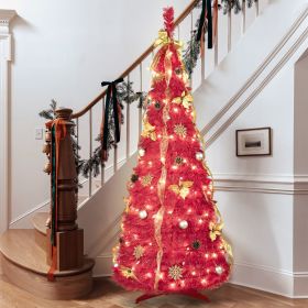 6FT Red Pop-Up Christmas Tree with 150 Warm White LED Lights, Ornaments Included Ã¢â‚¬â€œ 4 Ribbons, Bow, Flowers, Snowflakes