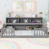 Twin Floor Bed with Bedside Bookcase,Shelves,Guardrails,Grey