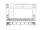 Full Over Full Rubber Wood Bunk Bed with Trundle, Ladder and Guardrails, Convertible to 2 Full Size Beds, with Twin Size Trundle,White