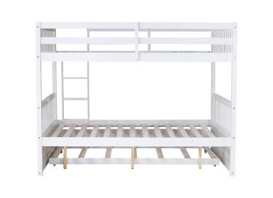 Full Over Full Rubber Wood Bunk Bed with Trundle, Ladder and Guardrails, Convertible to 2 Full Size Beds, with Twin Size Trundle,White
