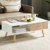 Rectangle Coffee Table with Solid Wood Legs, Sliding Drawer for Storage, Modern Table for Living Room , White