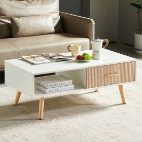 Rectangle Coffee Table with Solid Wood Legs, Sliding Drawer for Storage, Modern Table for Living Room , White