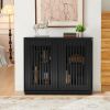 Mid Century Modern Fluted Hollowed Out Sideboard Cabinet with 2 Outlet Holes, Buffet Cabinet with Storage, Black Storage Cabinet for Living Room
