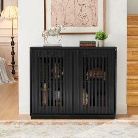 Mid Century Modern Fluted Hollowed Out Sideboard Cabinet with 2 Outlet Holes, Buffet Cabinet with Storage, Black Storage Cabinet for Living Room