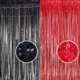 Foil Fringe Curtain Party Decorations - Black Red Metallic Tinsel Backdrop Party Steamers Curtains for Stranger/Boy/Men/Birthday/Prom/Bachelorette/Hol