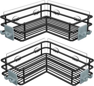 Adhesive Corner Shower Caddy Shelf Basket Rack with Hooks, Rust Proof Stainless Steel Bathroom Shelf Shampoo Holder No Drilling (Black)