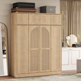 70.87"Tall 8-Door Large Capacity Armoire Wardrobe Closet with Hanging Rod, Adjustable Shelves and Rattan Decorative Doors