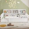 A twin-sized wooden floor bed with a fence-style guardrail, side storage decorative function, and the color is white