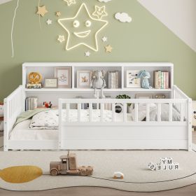 A twin-sized wooden floor bed with a fence-style guardrail, side storage decorative function, and the color is white