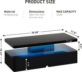 40" Modern Coffee Table with 16 Colors LED Lights, 2 Tier Rectangular Center Table with Large Storage Space