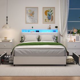 Queen Bed Frame with Ergonomic Headboard, Platform Bed Frame Queen Size with Outlets & Charger & LED Light