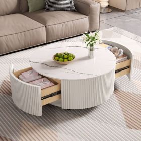 Modern Round Movable Coffee Table with Casters, 2 Drawers, Marble Pattern Sintered Stone Top, White, 29.5"