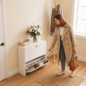 White Slim Shoe Cabinet, 2 Flip Drawers Narrow Shoe Storage Organizer, 31.5" x 11.8" x 31.5" Anti-Tipping Shoe Rack for Entryway Hallway Bedroom