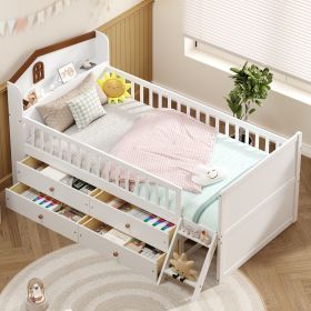 Twin Bed Frame with Storage 4 Drawers,Wooden Bed Frame for Kids,Platform Twin Size Bed with Guardrail Headboard and Ladder, No Box Spring Needed