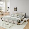 King Size Upholstered Bed ,comfortable upholstered bed frame, Chenille fabric, with headboard and solid bed frame. With drawer for storage.-Beige(88.5