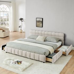 King Size Upholstered Bed ,comfortable upholstered bed frame, Chenille fabric, with headboard and solid bed frame. With drawer for storage.-Beige(88.5