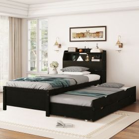 Twin Size Wooden LED Platform Bed with Trundle, with Storage Headboard, with Drawers, Espresso(Old SKU: N820S00008D)