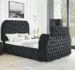 1pc Luxurious Comfort Innovative Design Queen Bed Deeply Tufted Headboard Upholstered Black Velvet Television Lift Built-in Electric Fireplace Bedroom