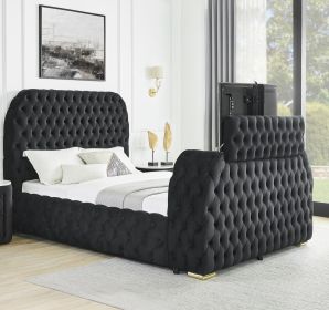 1pc Luxurious Comfort Innovative Design Queen Bed Deeply Tufted Headboard Upholstered Black Velvet Television Lift Built-in Electric Fireplace Bedroom
