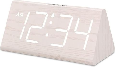 Wooden Digital Alarm Clock for Bedroom - Living Room Desk Clock with Large Numbers, Bedside Nightstand Clock with USB Port, Adjustable Volume, Dimmer,